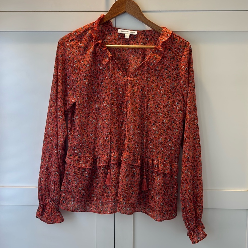 Abercrombie & Fitch Orange Floral Patterned Blouse with Ruffle Long Sleeve Large